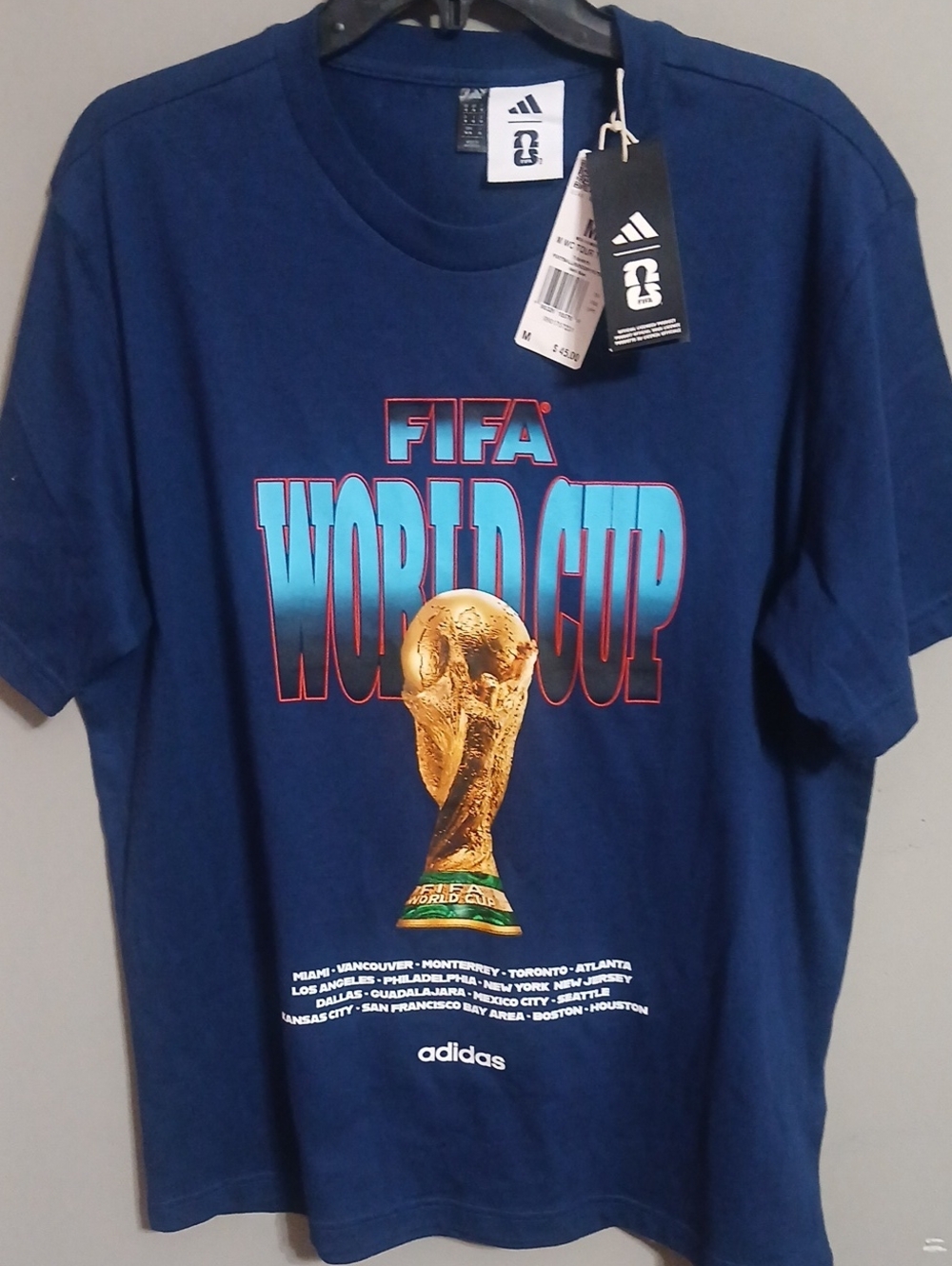 adidas Navy Blue FIFA World Cup Graphic Tee with Gold Trophy
